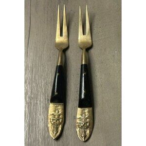 Vintage Siam Thailand Buddha Brass & Teak Wood 1950s MCM Mini Flatware Fork Set